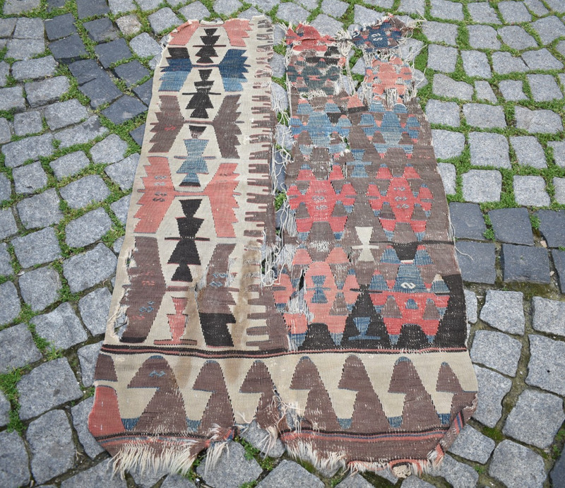 An Antique 1860's Awesome Primitive Collector's Piece Anatolian Fragment Kilim gallery