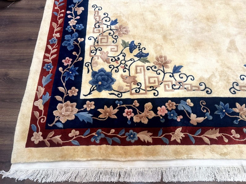 Chinese Rug 10x14 – Cream and Navy, 90 Line Vintage Wool Carpet gallery