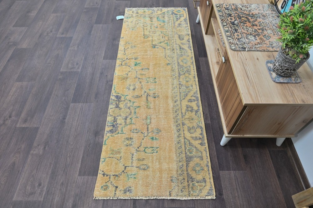 Vintage Turkish Runner Rug 2x6ft BEIGE Handmade Anatolian Oushak Hallway Wool