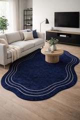 Modern Irregular Shape Area Rug | Blue Carpet with Grey Lines Soft Plush