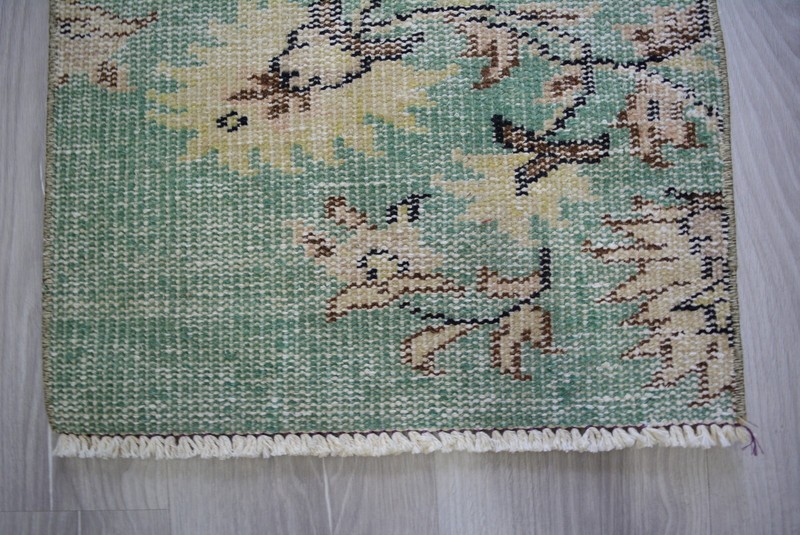 Green Antique Handmade Rug, 1.6x2.7ft, Turkish Floral Rug, Vintage Door Mat, gallery