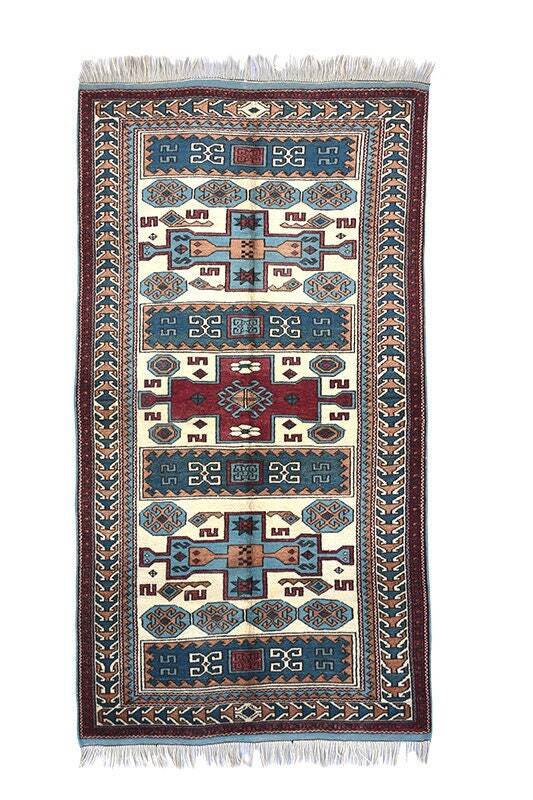 Geometric Tribal Cool Tones Turkish 4' 3" x 5' 10" Blue Hand Knotted Area Rug