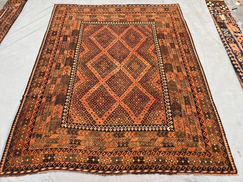 Vintage Afghan Flat Weave Kilim Rug 8.2 x 10.4 ft Terracotta Faded Area Rug gallery