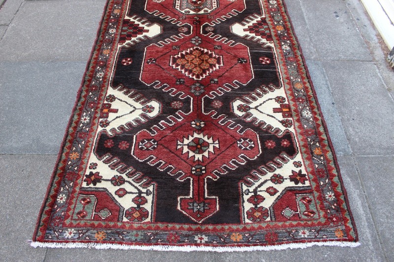 Vintage Hand Made Traditional Oriental Wool Black Red Long Rug Runner 300x113cm gallery