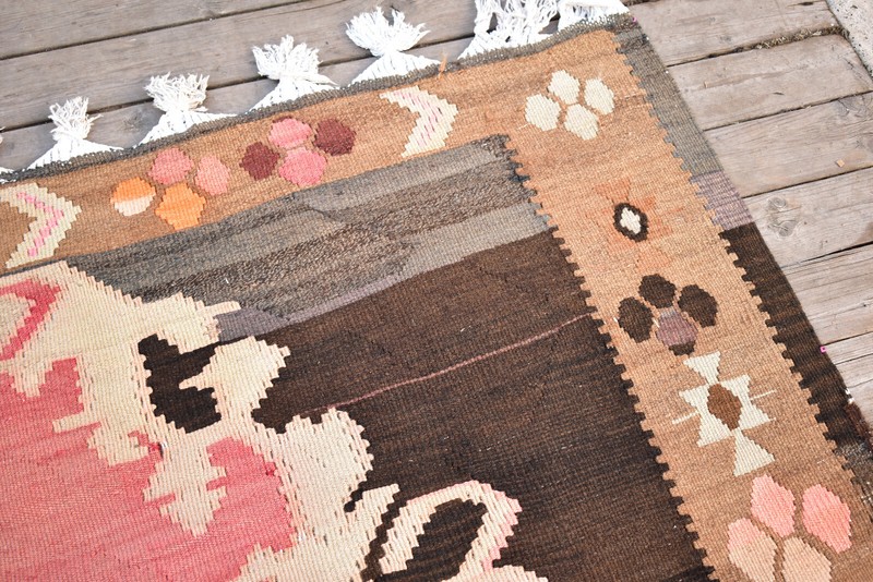 Turkish Kilim 70''x320" Handwoven Kars Kilim 180x320cm Pink Natural Wool Rug gallery
