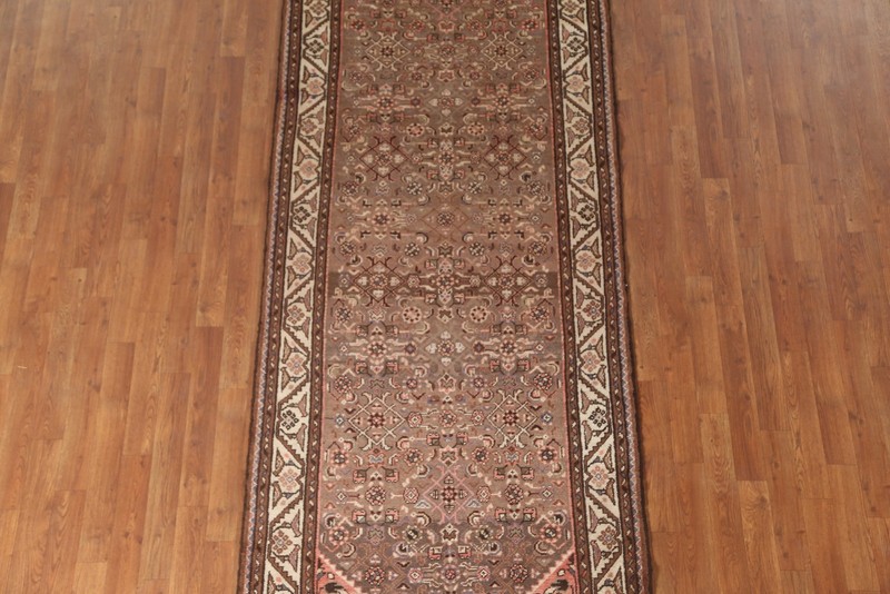 Geometric Brown Wool Runner Rug 4x10 Hand-knotted Vintage Traditional Nomad Rug gallery
