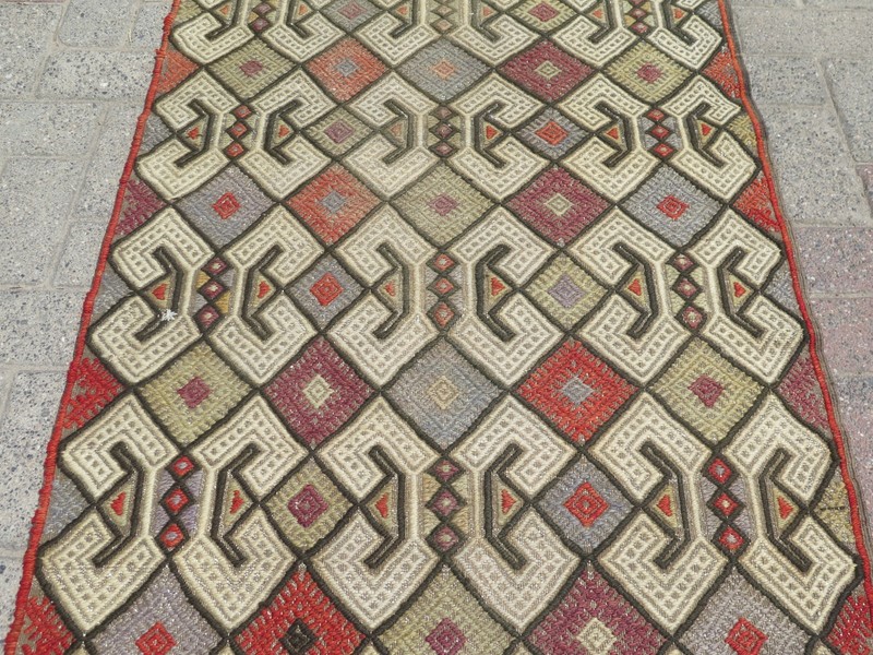 Long Multicolor Diamonds Vintage Runner Rug, Handwoven Turkish Kelim 30"x84" gallery