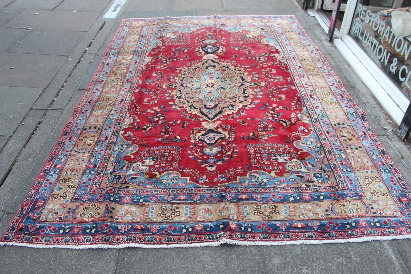 Vintage Hand Made Traditional Carpet Worn Oriental Wool Red Blue291x195cm gallery