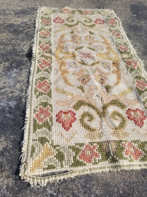Vintage French Floral Needlepoint Handmade Multicolor Rug Wool Carpet 111x54 cm gallery
