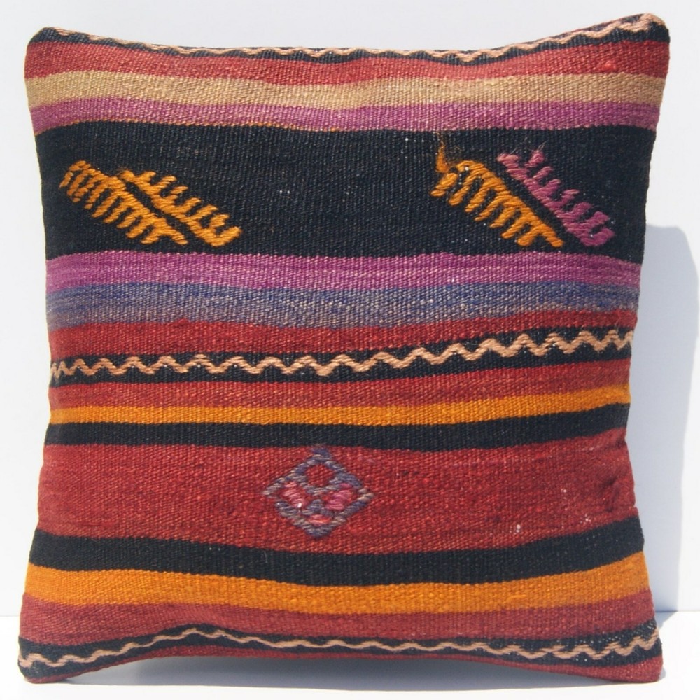 16"x16" Handmade Kilim Pillow, Turkish Vintage Rug Design for Living Room Décor