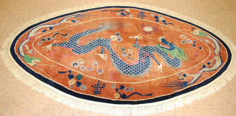 C1910s ANTIQUE ART DECO CHINESE RUG,OVAL 3.9 X 6.9 RARE DRAGON DESIGN gallery