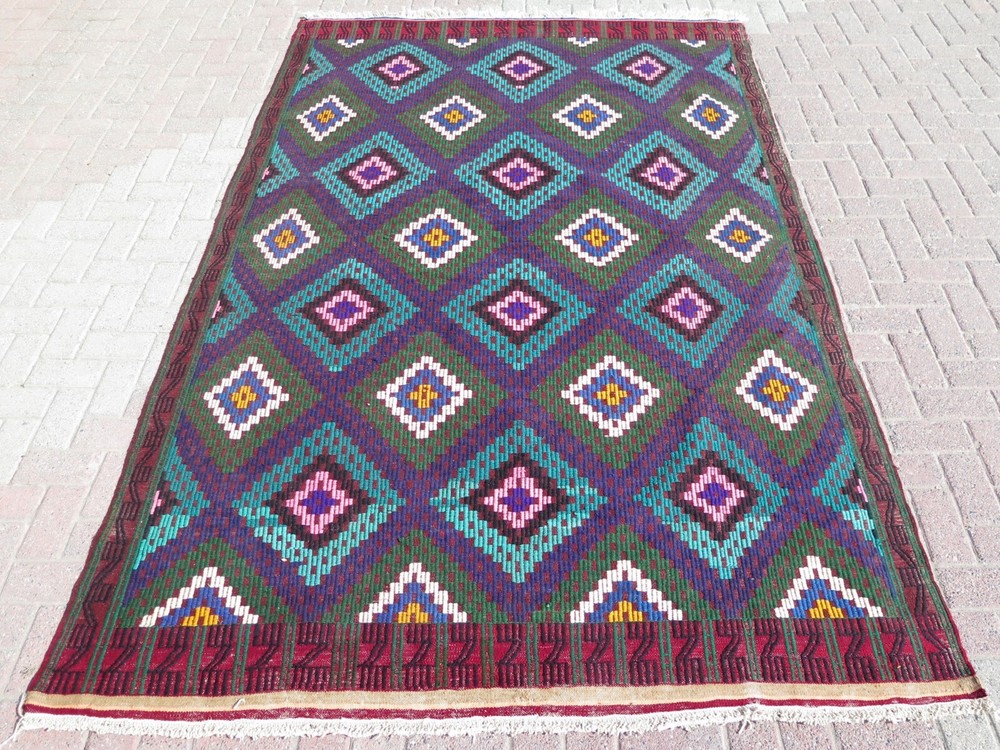 Violet & Olive Turkish Vintage Embroidery Rug Wool Kilim Carpet 72"x113"