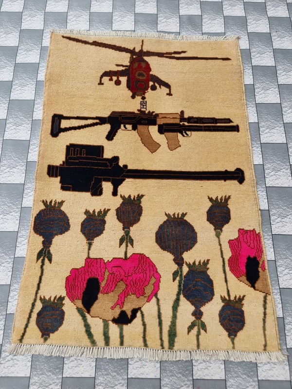 Afghan Hand Opium Flower Ak 47 War Rug Tribal Wool With Knotted Wall Hanging gallery