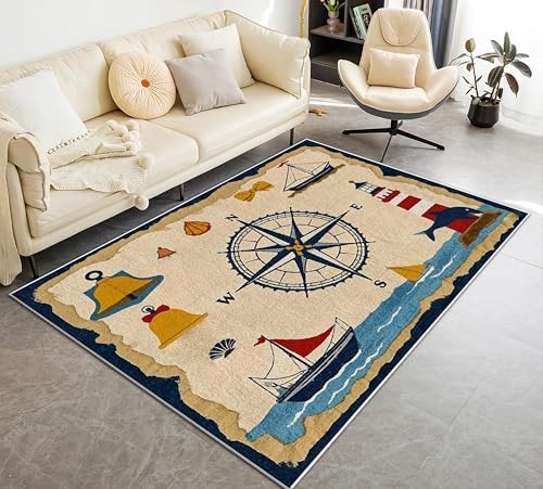 Vintage Nautical Compass Area Rug 5x7ft, Washable Non-Slip Carpet for Living Roo gallery