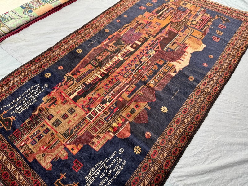Vintage Afghan Hand-Knotted Wool Rug 4'3" x 7'8 Pictorial Design Blue Tribal Rug gallery