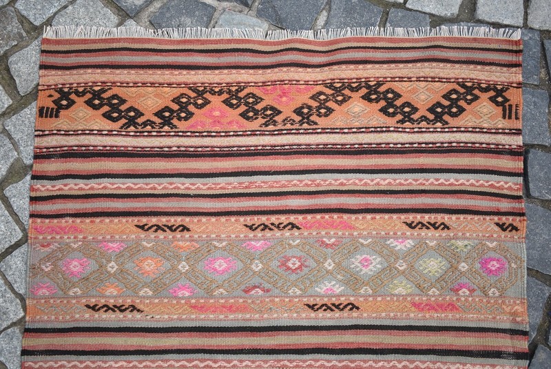 Turkish Rug 32'' x 45'' Anatolian Oushak Kilim Striped Design Embroidered Rug gallery