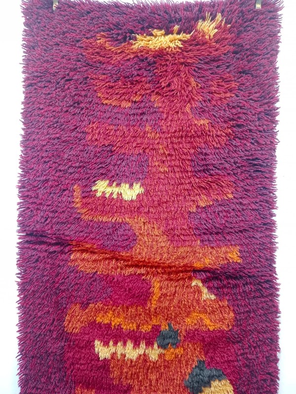 Vintage Beautiful Hand Knotted Mid Century Swedish Rya Shag Rug Carpet 102x55 Cm gallery