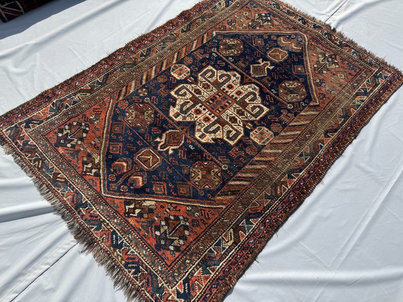 1920s Terracotta Muted Caucasian Red Rug 4x5 Blue Geometric Faded Persian Carpet gallery