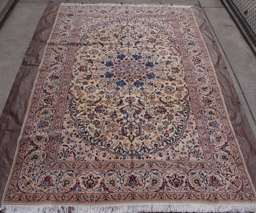 Silk & Wool Nainn 6'9" x 10'9" Hand Knotted Gold Beige Ivory Blue Elegant Rug