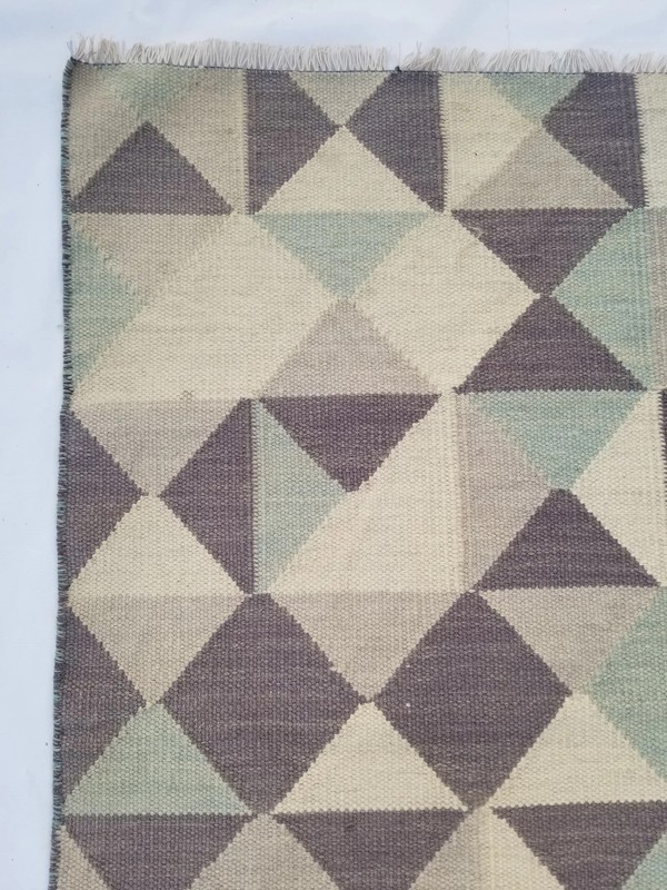 Vintage Handmade Traditional Geometric Cyan Beige Kilim Rug Carpet 216x159cm gallery