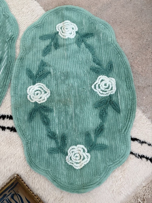 2x 1930s Floral Embroidered Green Rugs gallery