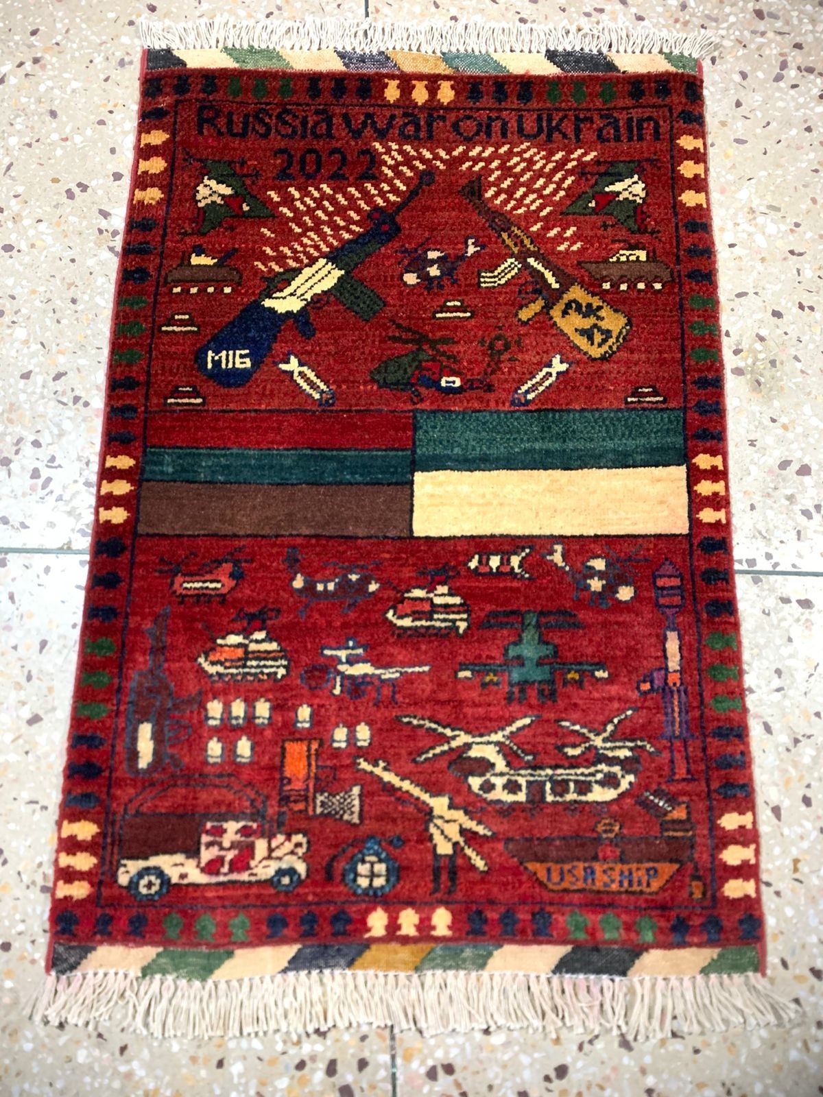 Authentic 1.6ft Afghan War Rug - Hand-Knotted Wool - 2024 Map & Military Folk Ar gallery