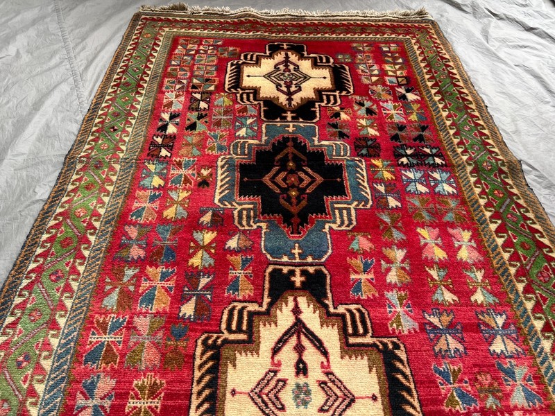 3'2x9'3 ft Vintage Caucasian Kazak Hand Knotted Wool Red Tribal Medallion Runner gallery