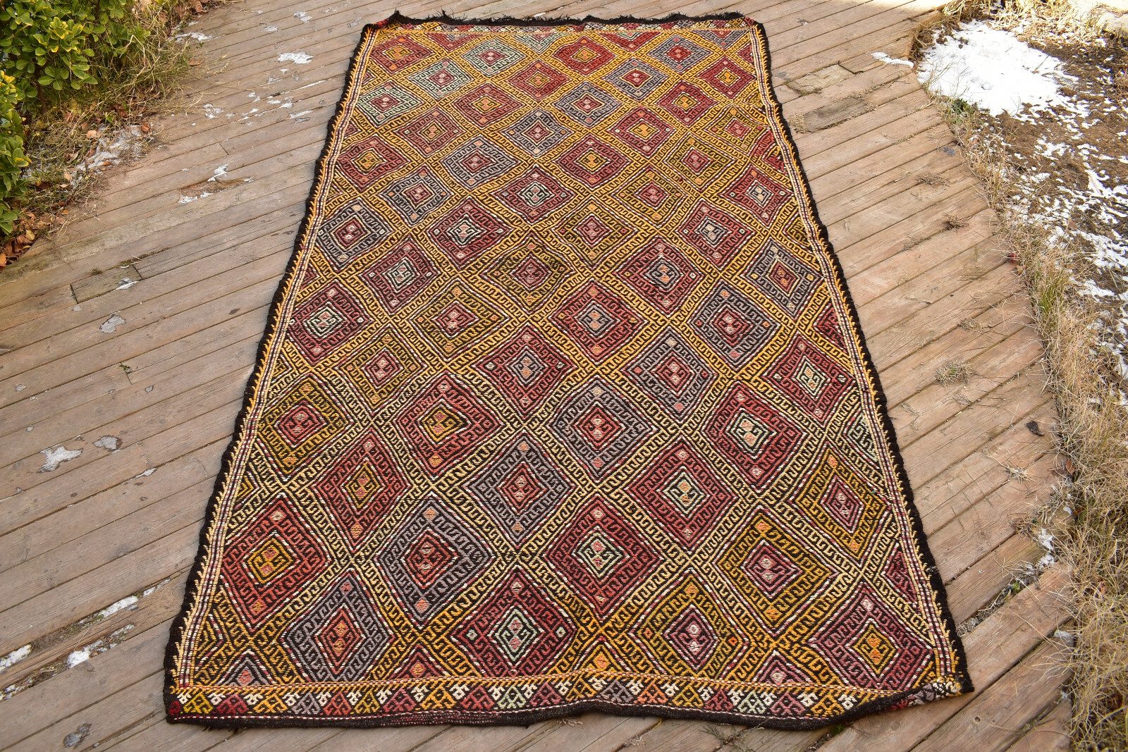 Turkish Kilim Handwoven 4'x8' Cicim Kilim Natural Wool Vintage Rug 143x270cm gallery