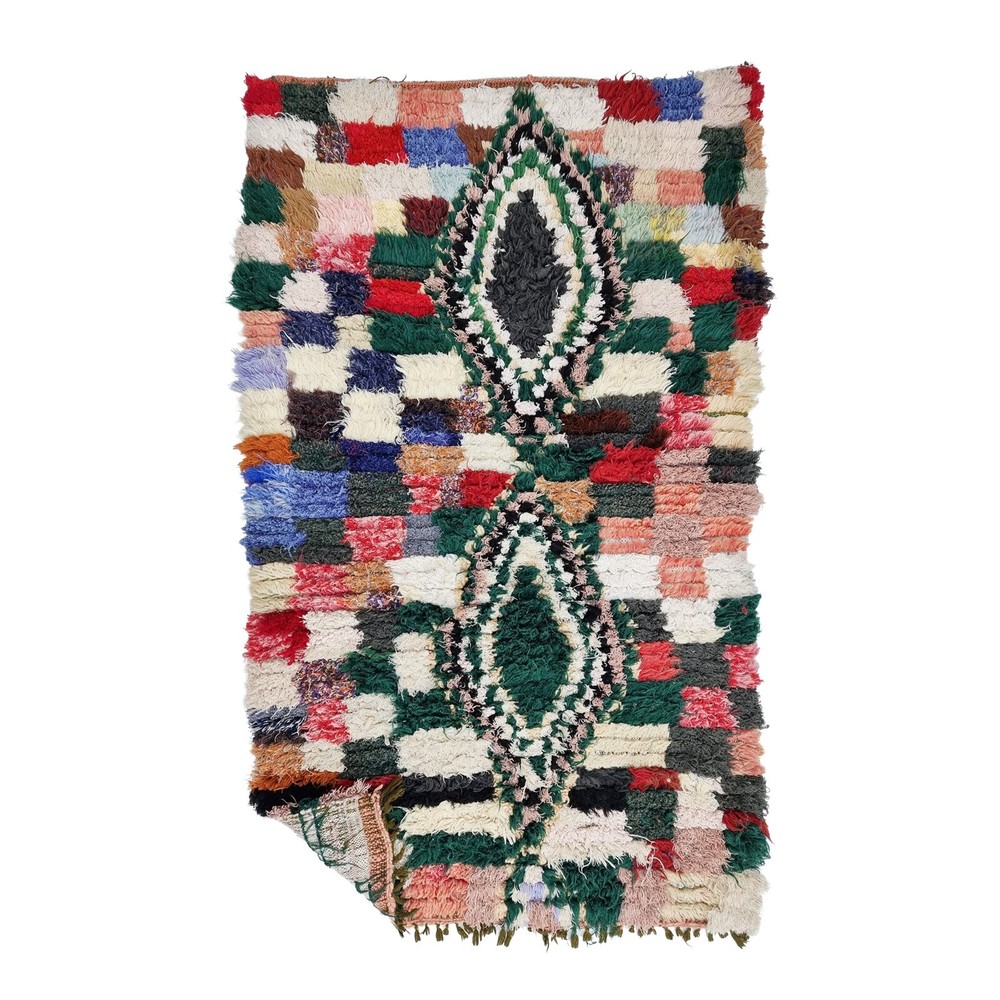 Moroccan Handmade Vintage Rug 2'8x4'6 Berber Geometric Green Cotton Area Carpet.