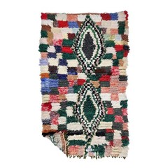 Moroccan Handmade Vintage Rug 2’8×4’6 Berber Geometric Green Cotton Area Carpet.