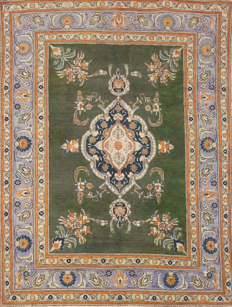Vintage Tebriz Hand-knotted Traditional Rug Wool Green Over-Dyed Carpet 5x6