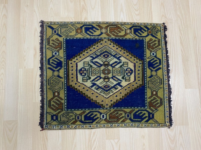 Antique Turkish Rug 1.7x1.9 ft Vintage Cobalt Blue Mustard Geometric Small Mat gallery