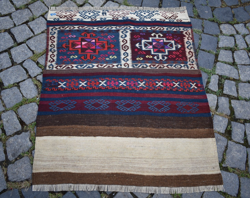 Vintage Turkish Rug 32'' x 36'' Soumak Herki Rug Kurdish Woven Soumak Wool Rug gallery