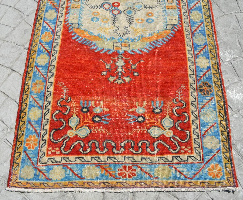 Vintage Turkish Rug, Hand-Woven Wool, Organic Dye, Short Runner 3x7 ft Approx gallery