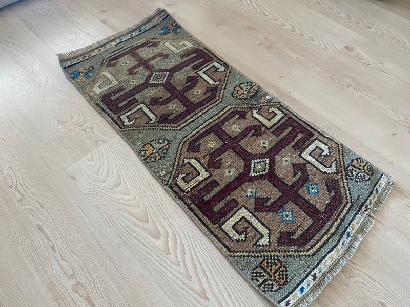 Vintage Turkish Small Rug 1.3x2.9 ft Handwoven Wool Anatolian gallery