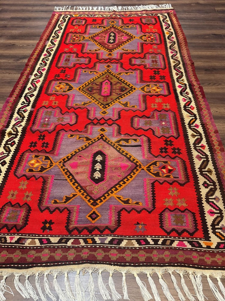 Per'sian Kurdish Zarand Kilim Rug 5x9 Red Geometric Medallions Wide Runner