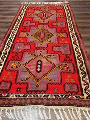 Per’sian Kurdish Zarand Kilim Rug 5×9 Red Geometric Medallions Wide Runner
