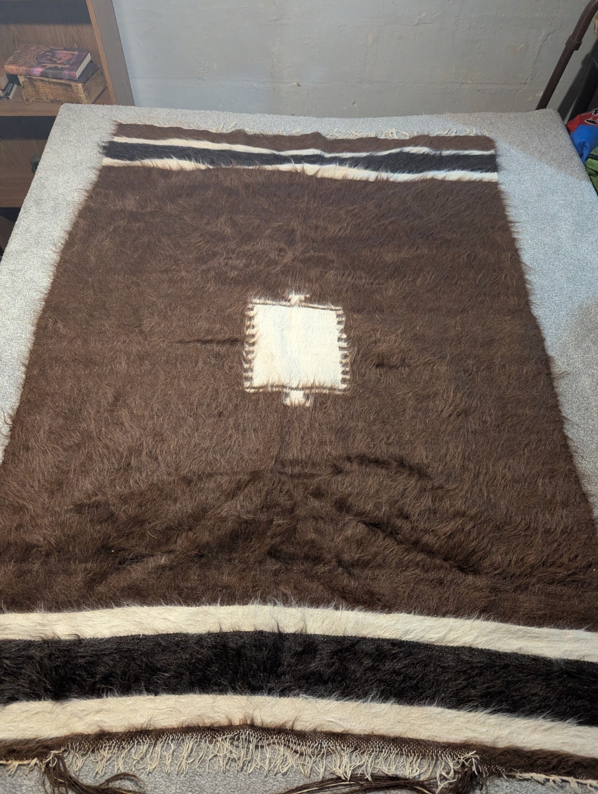Vintage Turkish Rug Kilim 45x66 Angora Mohair Shaggy Geometric Striped Brown gallery