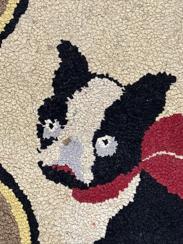 Antique Folk Art Boston Terrier Hooked Rug C1920, 32”x20” Handmade gallery