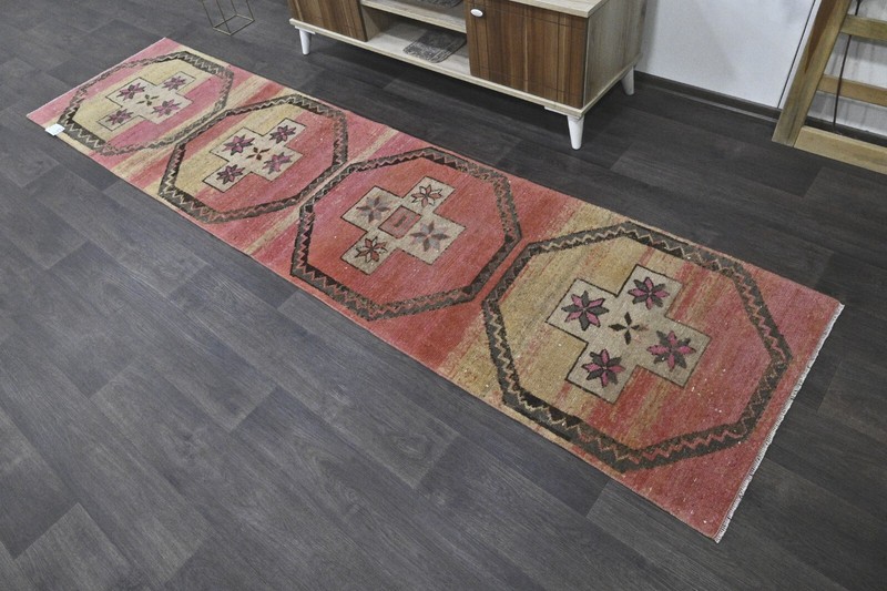 Vintage Turkish Runner Rug 2x10ft PINK Handmade Anatolian Oushak Hallway Wool gallery