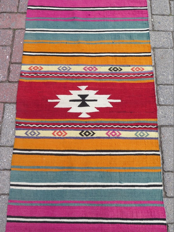 Multicolor Striped Vintage Turkish Runner Kelim, Handwoven Wool Boho Rug 25"x97" gallery