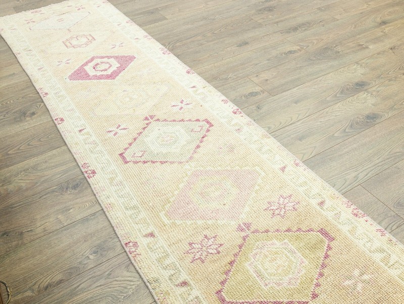 Turkish Oushak Mocha Pink Blue Wool Runner 2.3x12.4 ft Hand Woven Vintage Carpet gallery