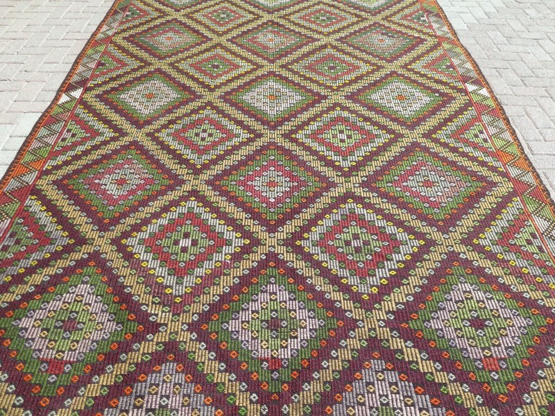 Vintage Multicolor Geometric Turkish Rug, Large Handwoven Cecim Carpet 92"x138" gallery
