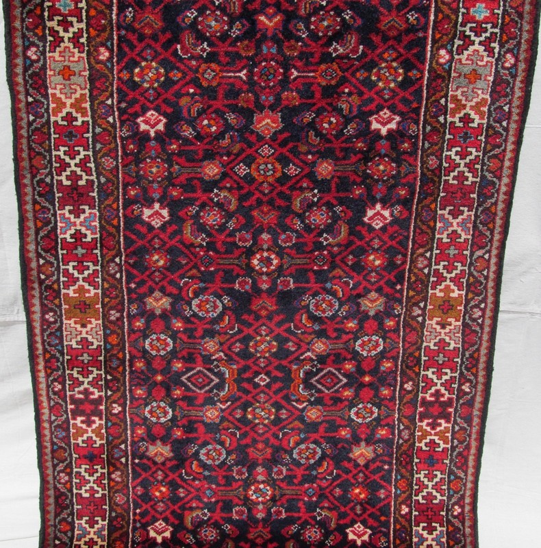 SEMI - ANTIQUE OREINTAL MAHAL RUNNER WITH INDIGO BLUE BACKGROUND - 10' x 3'5" gallery