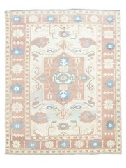 Ivory Pink Rug, 6.5 x 8.2 ft, Living Room Carpet, Oriental Decor, Organic Wool