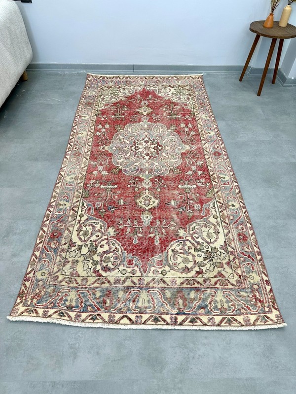 4x7 Red Beige Vintage Turkish Oushak Rug, Handmade Wool Area Rug, Home Decor gallery