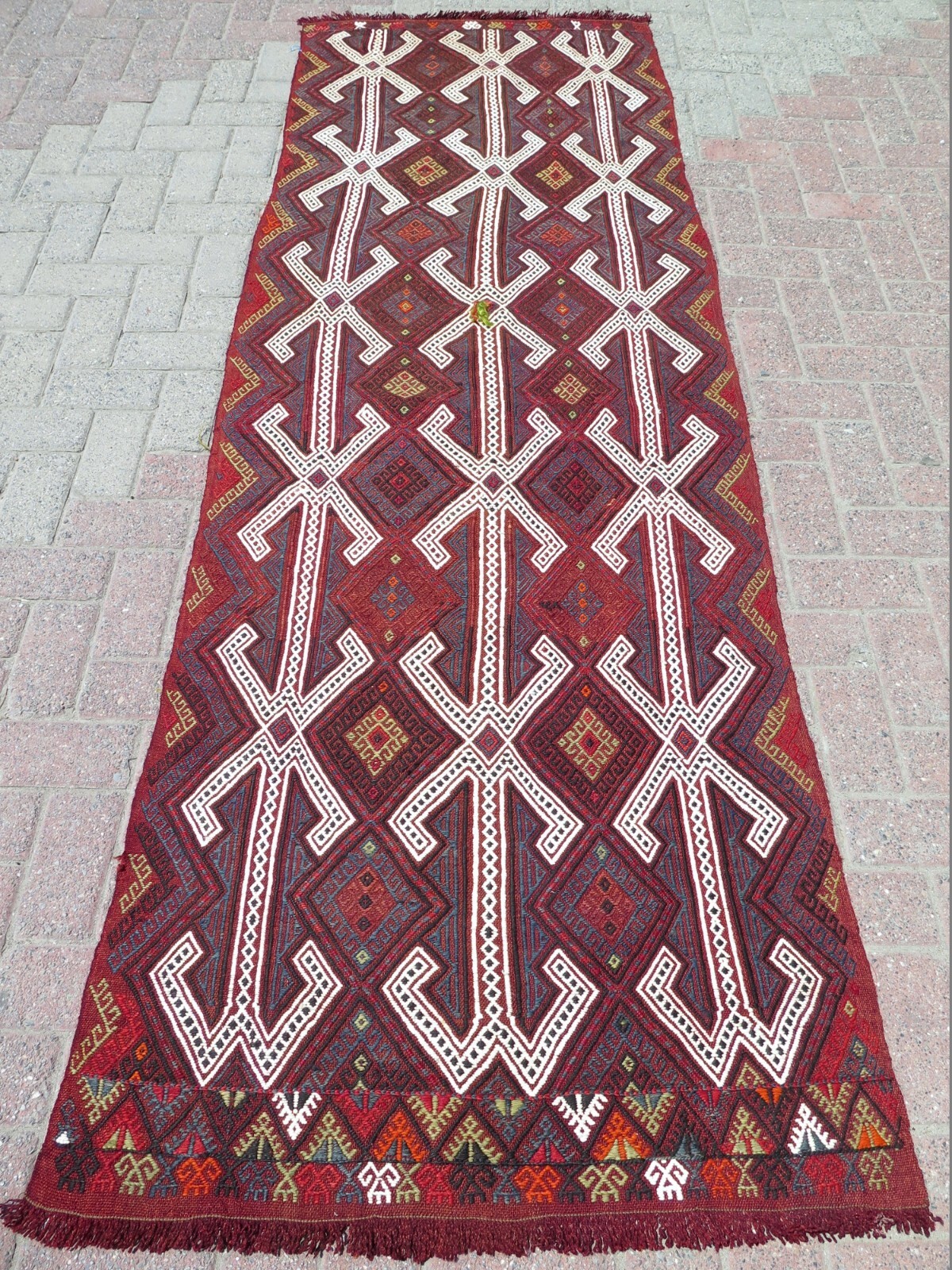 Vintage Turkish Kilim Runner Folk Motifs on Deep Red, Boho Hallway Rug 34"x104" gallery