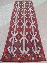 Vintage Turkish Kilim Runner Folk Motifs on Deep Red, Boho Hallway Rug 34″x104″
