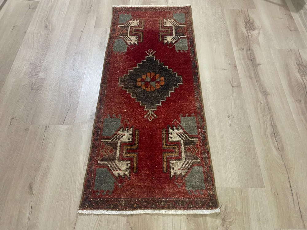 Vintage Anatolian Turkish Rug Handmade Wool Red Hallway Runner 1.6x3.8 Ft