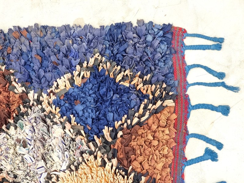 Moroccan Handmade Vintage Boucherouite 3'2x7'4Berber Geometric Blue Cotton Rug gallery